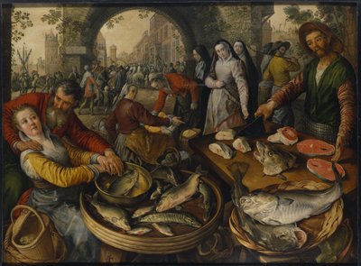 Un marche au poissons avec scene de Ecce Homo - Ecce Homoのある魚市場、Beuckelaer, Joachim (ca. 1533-1574)作。木に油彩 作： Joachim Beuckelaer