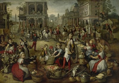 フラジェレーション、エッケ ホモ、十字架のベアリングを背景にしたマーケットプレイス 作： Joachim Bueckelaer (copy after)