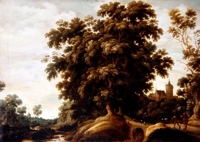 人物のいる川の風景とその向こうにある村（油彩・パネル） 作： Joachim Govertsz Camphuysen