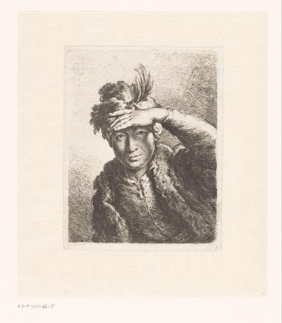 羽毛のベレー帽をかぶった男の肖像 作： Joachim Martin Falbe