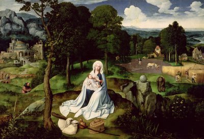 エジプトへの逃避（パネルに油彩）で休む 作： Joachim Patenier