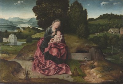 エジプトへの飛行中に休む処女と子供 作： Joachim Patenier