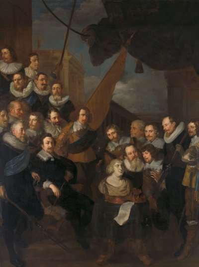 1638 年 9 月 1 日、マリー・ド・メディシスの出迎えを待っている、アムステルダムの第 19 地区の士官と市民警備隊員。 作： Joachim von Sandrart (I)