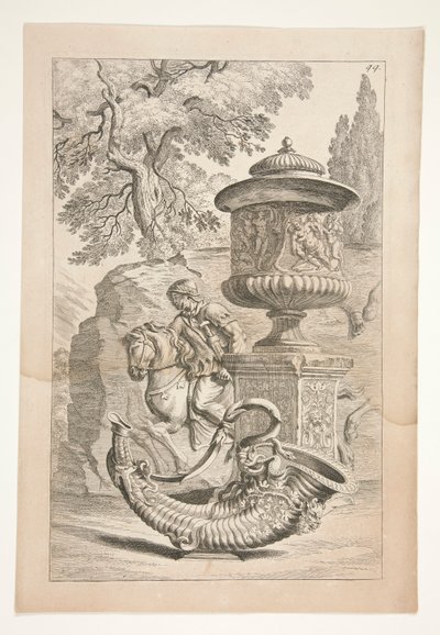 戦士のレリーフ、バッシック レリーフで飾られた蓋付きの花瓶、風景の中の宝庫 作： Joachim von Sandrart