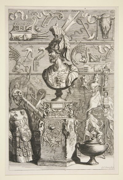 ルシウス・スキオピオーネの像、鎧、その他の骨董品の旗や断片 作： Joachim von Sandrart