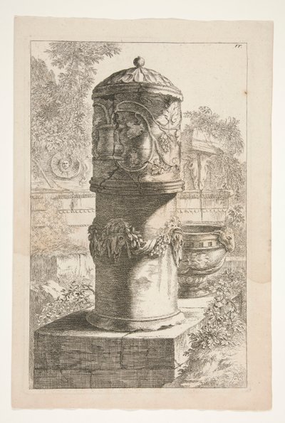 古典的な廃墟のある風景の中の背の高い蓋付きの壷とボウル 作： Joachim von Sandrart