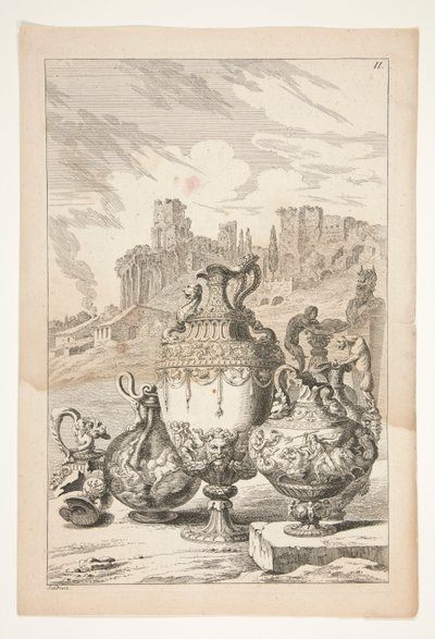4 つの花瓶、壊れた花瓶、壊れた燭台、古典的な廃墟のある風景の中の Herm 作： Joachim von Sandrart