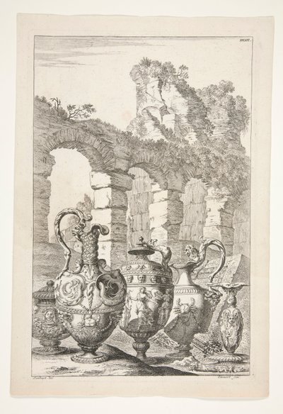 廃墟のある風景の中の 3 つの水差し、蓋付きの花瓶、燭台 作： Joachim von Sandrart