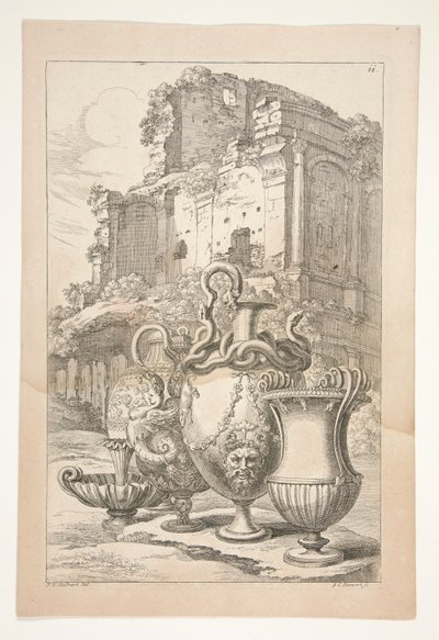 古代遺跡の風景の中の花瓶 作： Joachim von Sandrart