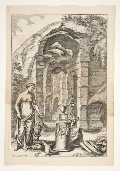 骨壷、スタンド、廃墟のあるアンティーク ドレスの女性 作： Joachim von Sandrart