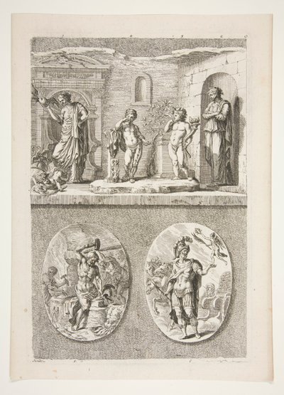 上半分: 4 つのアンティークの彫像 下半分: バルカンの鍛冶場と勝利したローマの将軍 作： Joachim von Sandrart