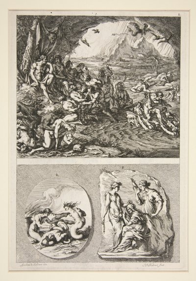 上半分: Quos Ego? 下半分: 2 つのアンティーク レリーフ: 3 つの運命と未知の主題 作： Joachim von Sandrart