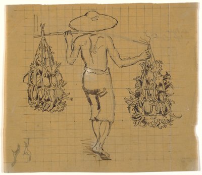 1 つのくびきに 2 つの荷物を載せて歩くジャワのクーリー、背面図 作： Joakim Frederik Skovgaard