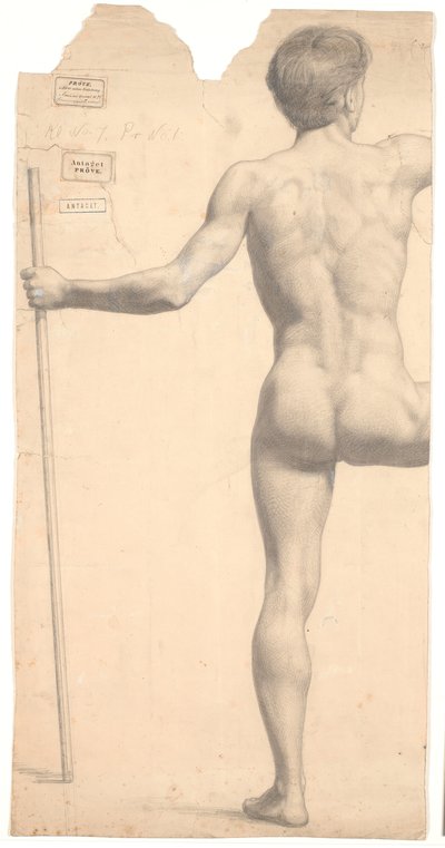 後ろから見た立位の男性モデル、左手に杖、右腕と脚を切断 作： Joakim Frederik Skovgaard