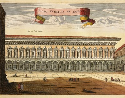イタリア、ボローニャ、1600年の公共の書斎（Studio Pubblico）の眺め、ジャン・ブラウの『Theatrum Civitatum et Admirandorum Italiae』からのエングレーヴィング、アムステルダム 作： Joan Blaeu