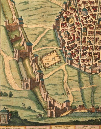 ボローニャの地図、『イタリアの市民生活と提督生活』（Theatrum civitatum et admirandorum Italiae）より、Joan Blaeuによる詳細な彫刻。 作： Joan Blaeu