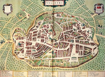 Joan Blaeuによるヴェッレトリの地図、『Theatrum civitatum et admirandorum Italiae』より、エングレーヴィング。 作： Joan Blaeu
