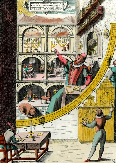 デンマークの天文学者ティコ・ブラーエ（1546-1601）の天文台での姿 Johannes Blaeu（1598-1673）の "Atlas Major Ssive et cosmographia Blavania labore et sumptibus "からのエングレーヴィング。17世紀パリ、装飾美術 作： Joan Blaeu