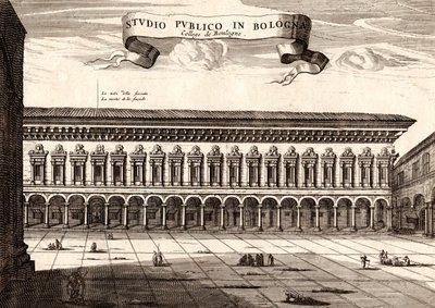 イタリア、エミリア・ロマーニャ州、ボローニャ、アルキギンナシオ宮殿、銅版画、約21x29cm 作： Joan Blaeu