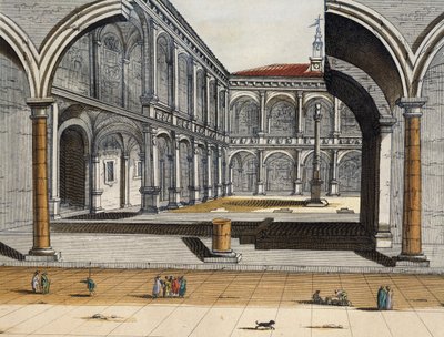 ボローニャの旧大学の中庭の眺め、Joan Blaeu、彫刻、イタリア 作： Joan Blaeu