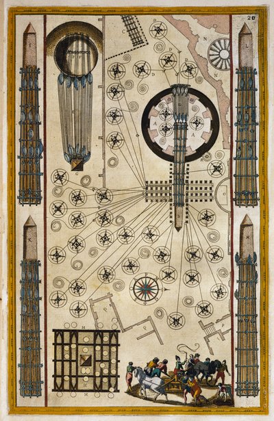 オベリスクを動かすためのウィンチ、ジョアン・バルー（1596-1673）の『Theatrum civitatum et admirandorum Italiae』からの彫刻。 作： Joan Blaeu