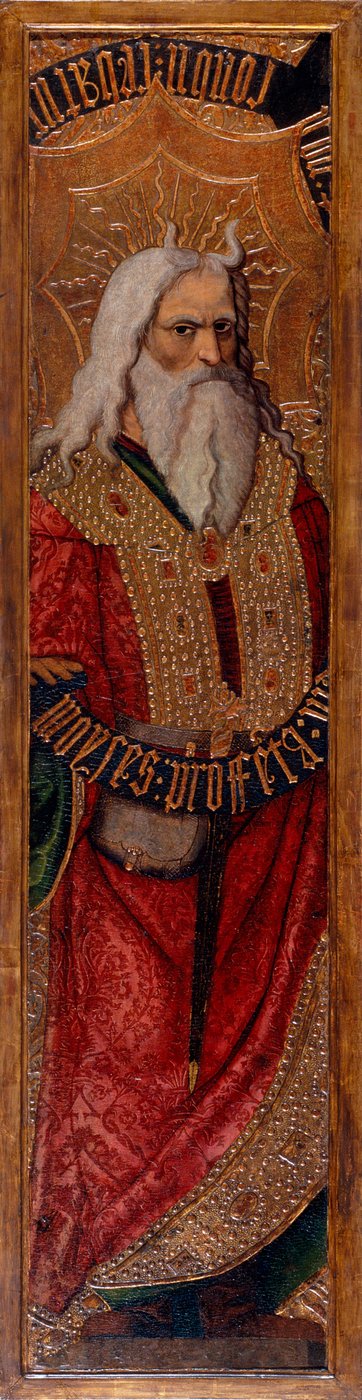 Moise - Moses - Joan Gasco (active 1500-1529) による絵画 - c. 1500 - パネルにテンペラ - 294.4x55.9 - カタルーニャ国立美術館、バルセロナ 作： Joan Gascó