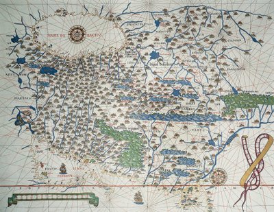 アルメニア、イラン、アフガニスタンを含むアジアの地図、風配図、港、海岸、海路の詳細、Atlas de Joan Martinesより 作： Joan Martines