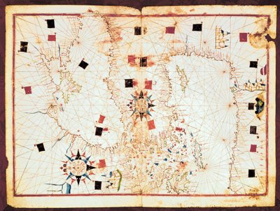 地中海東部と黒海の地図、16世紀のポルトランのアトラスの写本（写本 作： Joan Martines