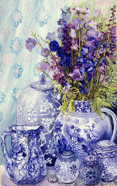 Delphiniums with Antique Blue Pots、2000、（水彩） 作： Joan Thewsey