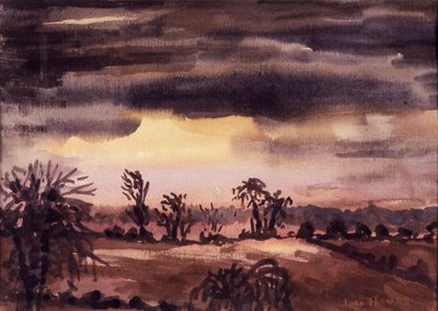 冬の夕暮れのフィールド、1992年、手作りの紙に水彩 作： Joan Thewsey
