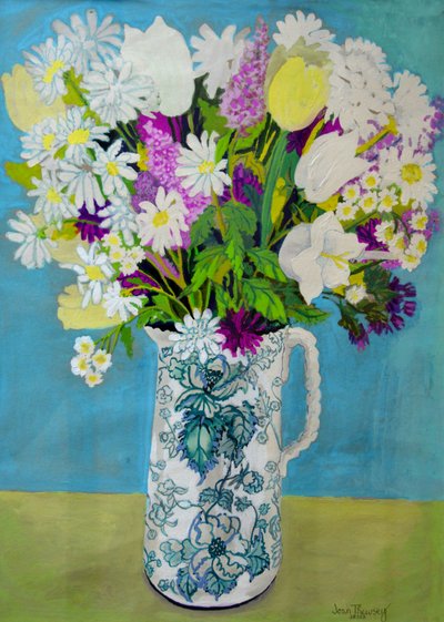 水差しの花、ターコイズブルーの装飾、2011年 作： Joan Thewsey