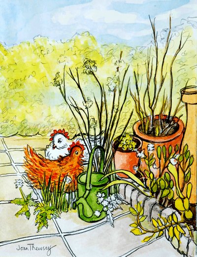 Hens and Pots、ルーシーレッドマンオープンガーデン、2000年（水彩ウォッシュ付き鉛筆） 作： Joan Thewsey