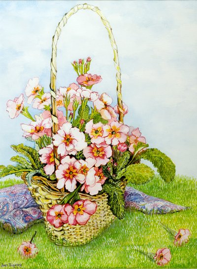ペイズリースカーフ付き花屋バスケットのピンクのサクラソウ、2010、水彩 作： Joan Thewsey