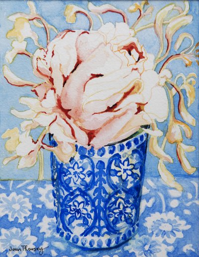 ピンクローズとハニーサックル、2000年（手作りの紙にトイレ） 作： Joan Thewsey