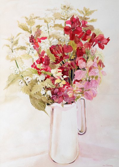 デッドネッツルとウォールフラワーのある静物画（水彩・紙 作： Joan Thewsey