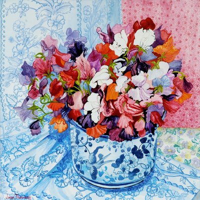 青と白の鍋、2010、水彩画の甘いエンドウ豆 作： Joan Thewsey