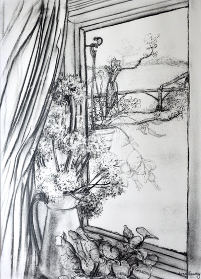 コテージの窓からの眺め、1970年（木炭） 作： Joan Thewsey