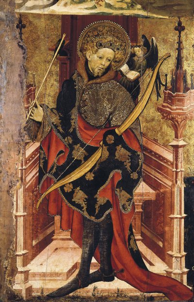 São Sebastião e Crucificação. c.1417-25 (têmpera sobre madeira) 作： Joan or Juan Mates