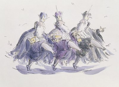 ジグを踊る3人の王（紙にペンとインクとトイレ） 作： Joanna Logan