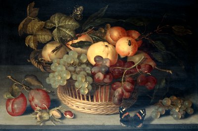 石のテーブルの上の果物のバスケットとアドミラル・バタフライ」1610年   作： Joannes Busschaert