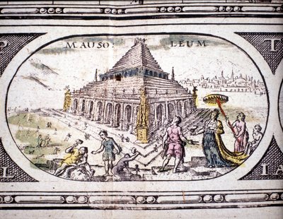 1630年にアムステルダムで印刷されたヤンソンヤンソニウスのアトラスに掲載されている「古代の七不思議：ハリカルナッソスの霊廟」の表現。個人蔵。 作： Joannes Jansson