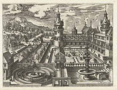 迷路と噴水のある城 風景、海景、想像力豊かな街並み（シリーズ名） 作： Joannes van Doetechum (I) (attributed to)