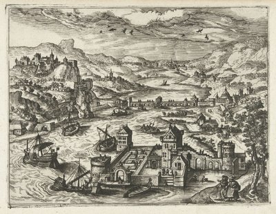 堀のある城のある川の風景 風景、海景、想像力豊かな街並み（シリーズ名） 作： Joannes van Doetechum (I) (attributed to)