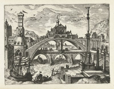 架け橋のある都市 風景、海景、想像力豊かな街並み（シリーズ名） 作： Joannes van Doetechum (I) (attributed to)
