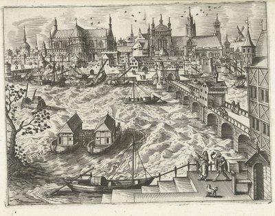 橋と港のある街並み 風景、海景、想像力豊かな街並み（シリーズ名） 作： Joannes van Doetechum (I) (attributed to)