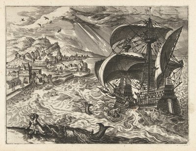 ヨナとクジラのいる海の風景 風景、海景、想像力豊かな街並み（シリーズ名） 作： Joannes van Doetechum (I) (attributed to)