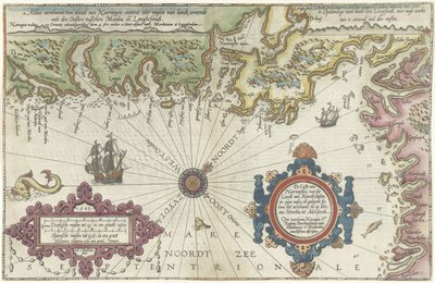 MerdøyとUddevallaの間のノルウェーとスウェーデンの海岸の地図 Custe van Noorweghen、その土地 van Noordt 東にその wesen と形状 (...) (オブジェクトのタイトル) 作： Joannes van Doetechum (I)