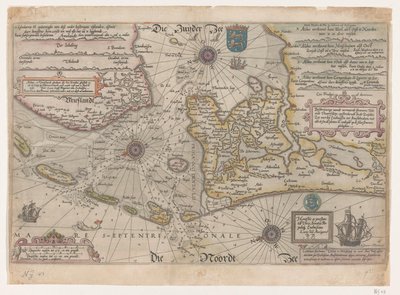 フリー川とマースディップの地図 説明he vande vermaerde stroemen、Tvlie and Tmaersdiep、上昇する Zuijder Zee は Enchuijsen で Amstelredam に向けて出航し、すべての砂と浅瀬を selve stroemen gheleghen (オブジェクトのタイトル) に載せました。 作： Joannes van Doetechum (I)