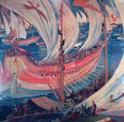 「ナウ」船、13 世紀の地中海でのカタルーニャ人の拡大を表す絵の詳細 (フレスコ画) 作： Joaquin Mir Trinxet