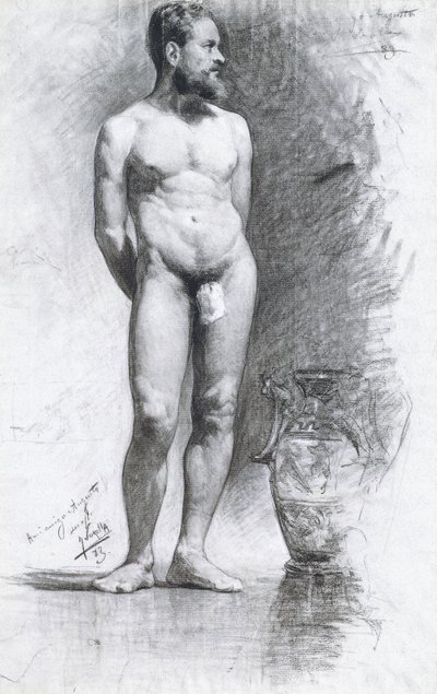 アカデミック男性ヌード、ギリシャの壷、1883年 作： Joaquín Sorolla